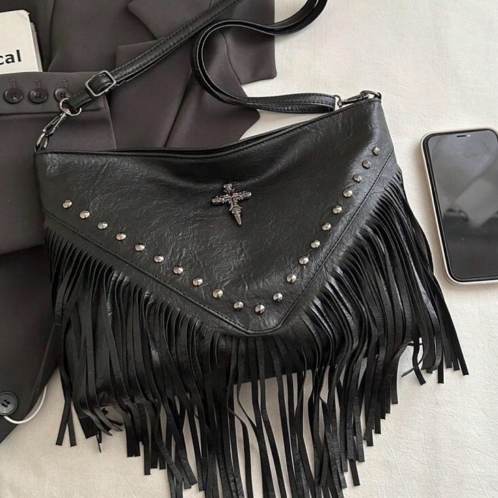 *NWT* Black Fringe Crossbody Bag with Studded Cross Accent Purse